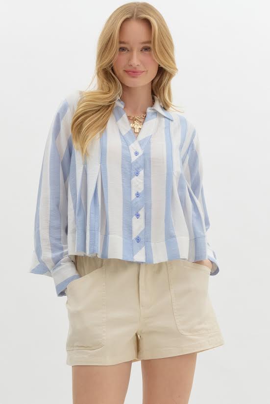 Perfectly Pleated Blue Striped Blouse