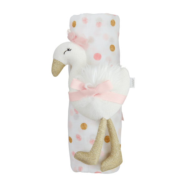 Polka Dot Swaddle and Swan Rattle