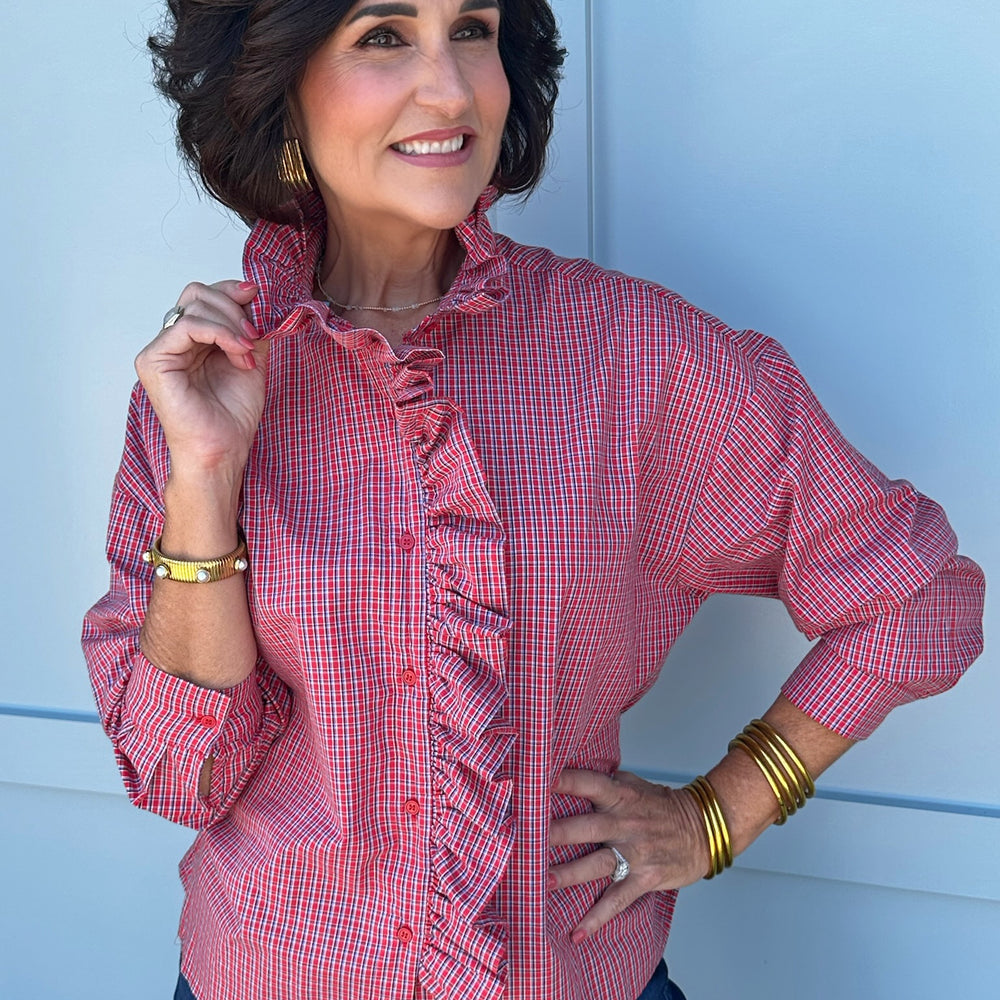 Perfectly Plaid Ruffle Collar Long Sleeve Top
