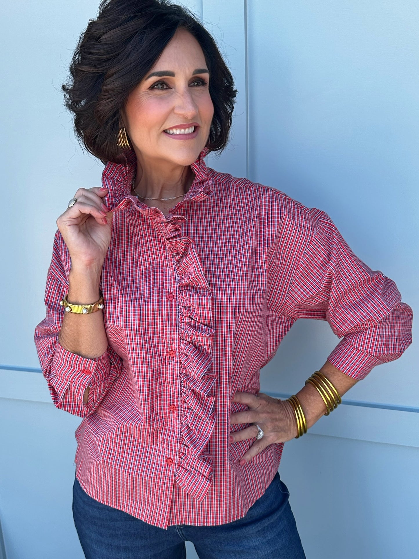 Perfectly Plaid Ruffle Collar Long Sleeve Top
