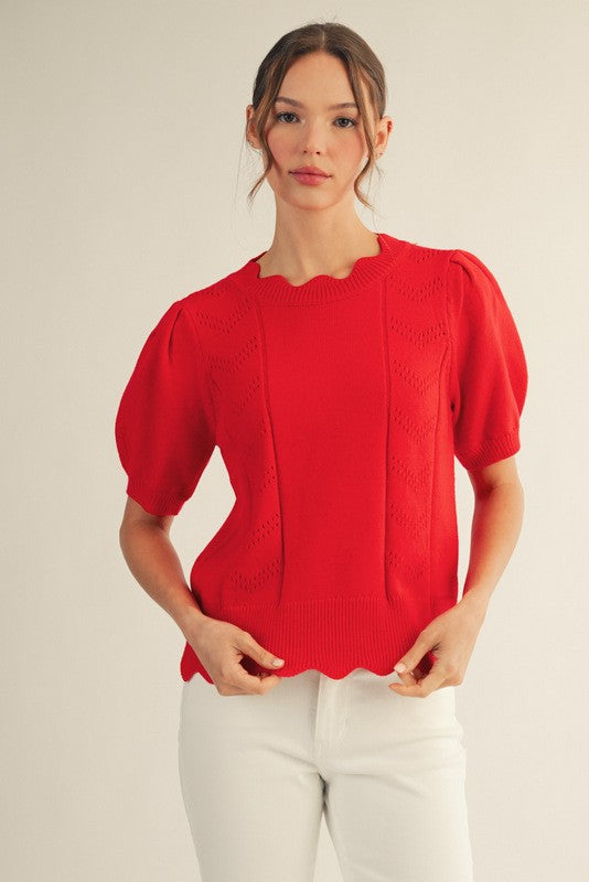 Poppy Red Scallop Knit Top