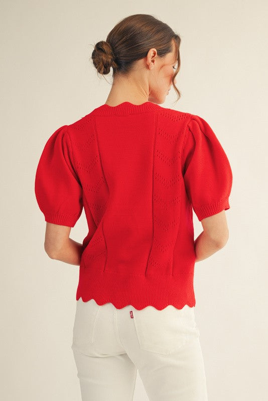 Poppy Red Scallop Knit Top