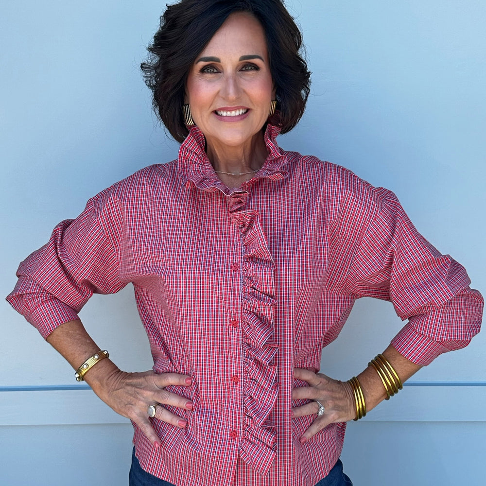 Perfectly Plaid Ruffle Collar Long Sleeve Top