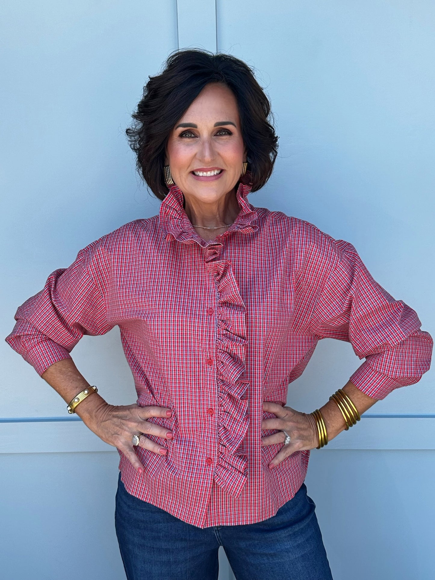 Perfectly Plaid Ruffle Collar Long Sleeve Top