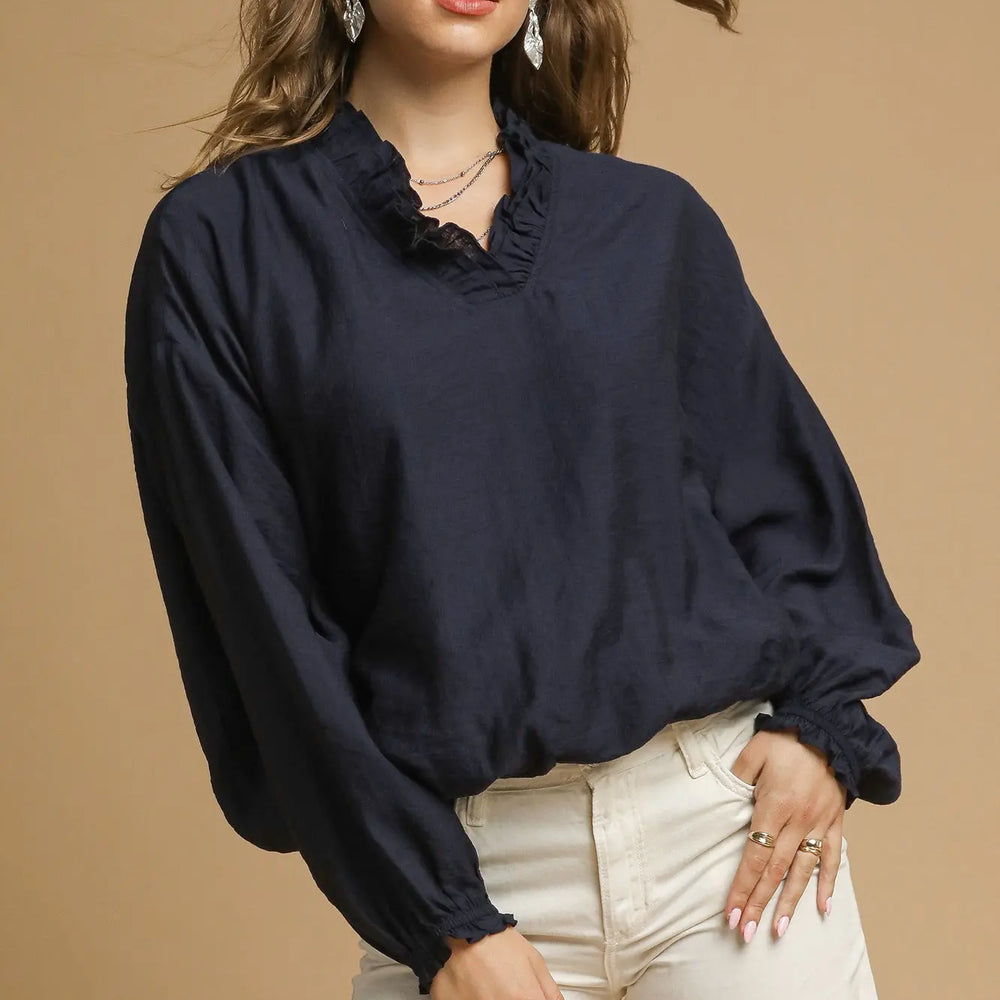 
                      
                        Navy Ruffle Top
                      
                    