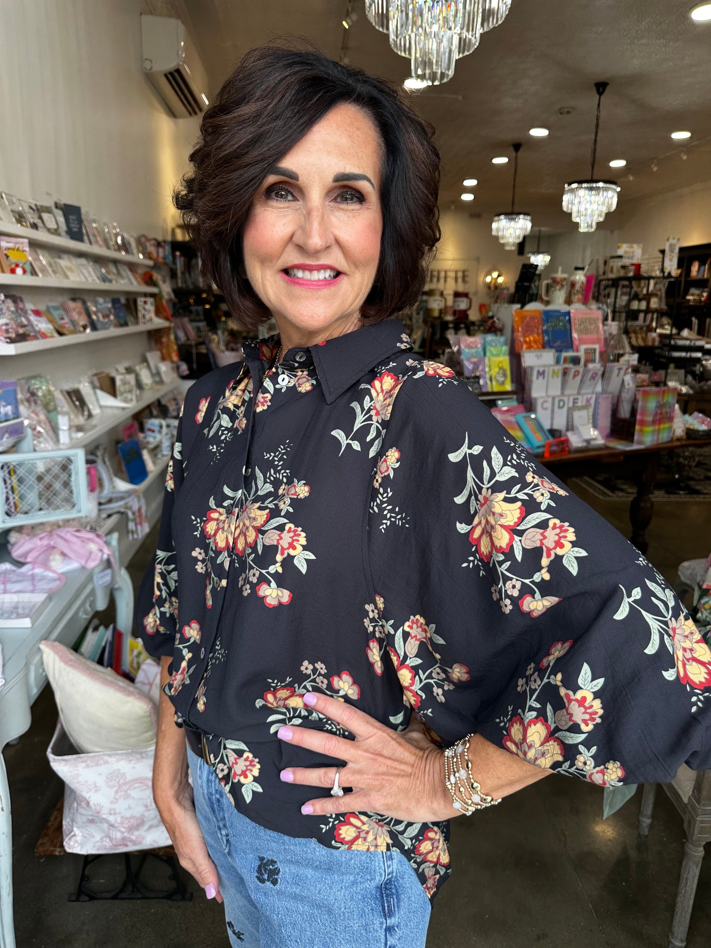Night Fall Floral Button Up Top