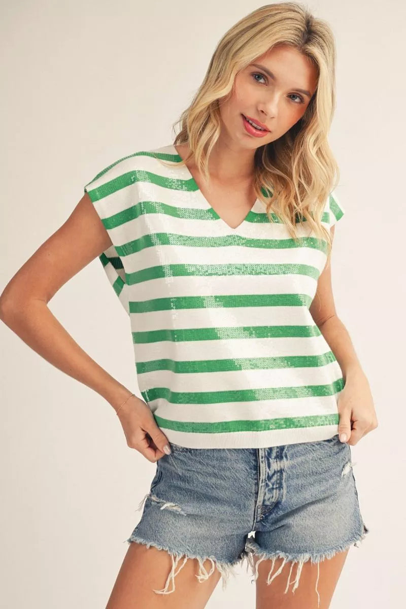 Green And White Sequin Top