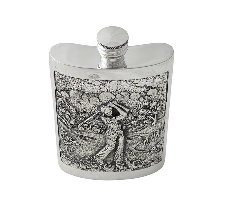 Double Sided Golf Scene Pewter Flask