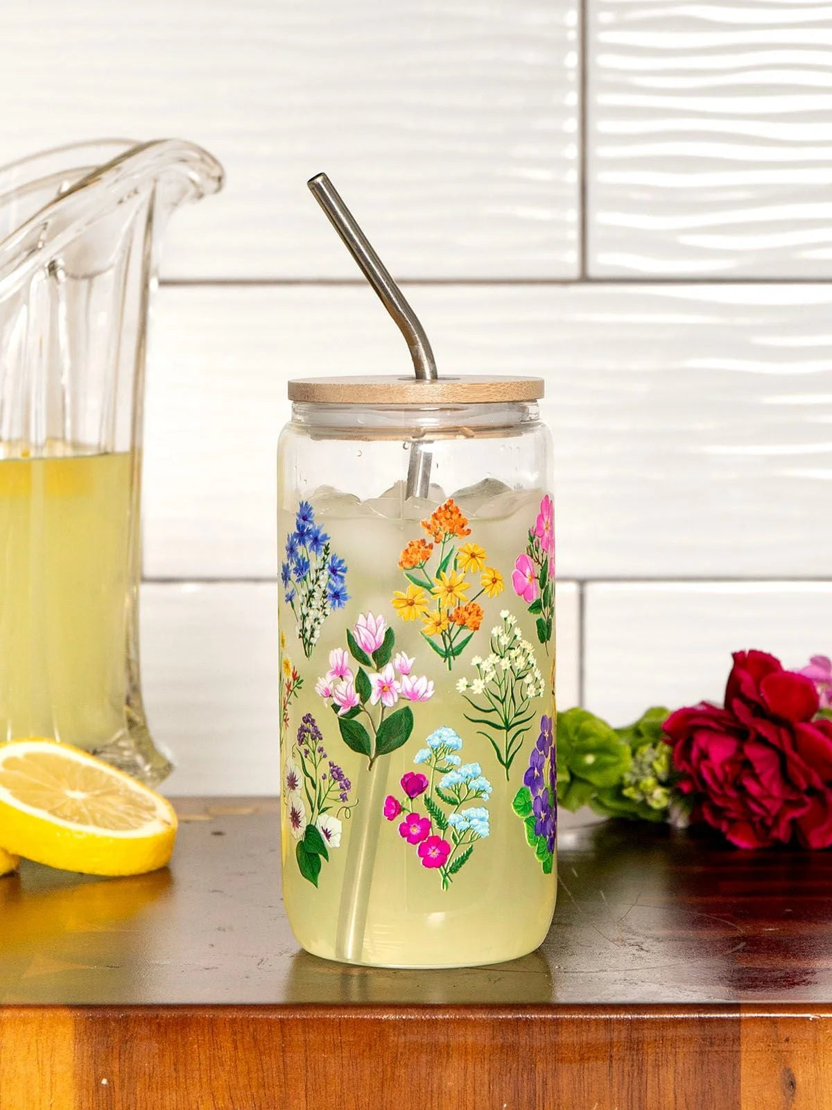 Vintage Blooms Glass Tumbler With Straw