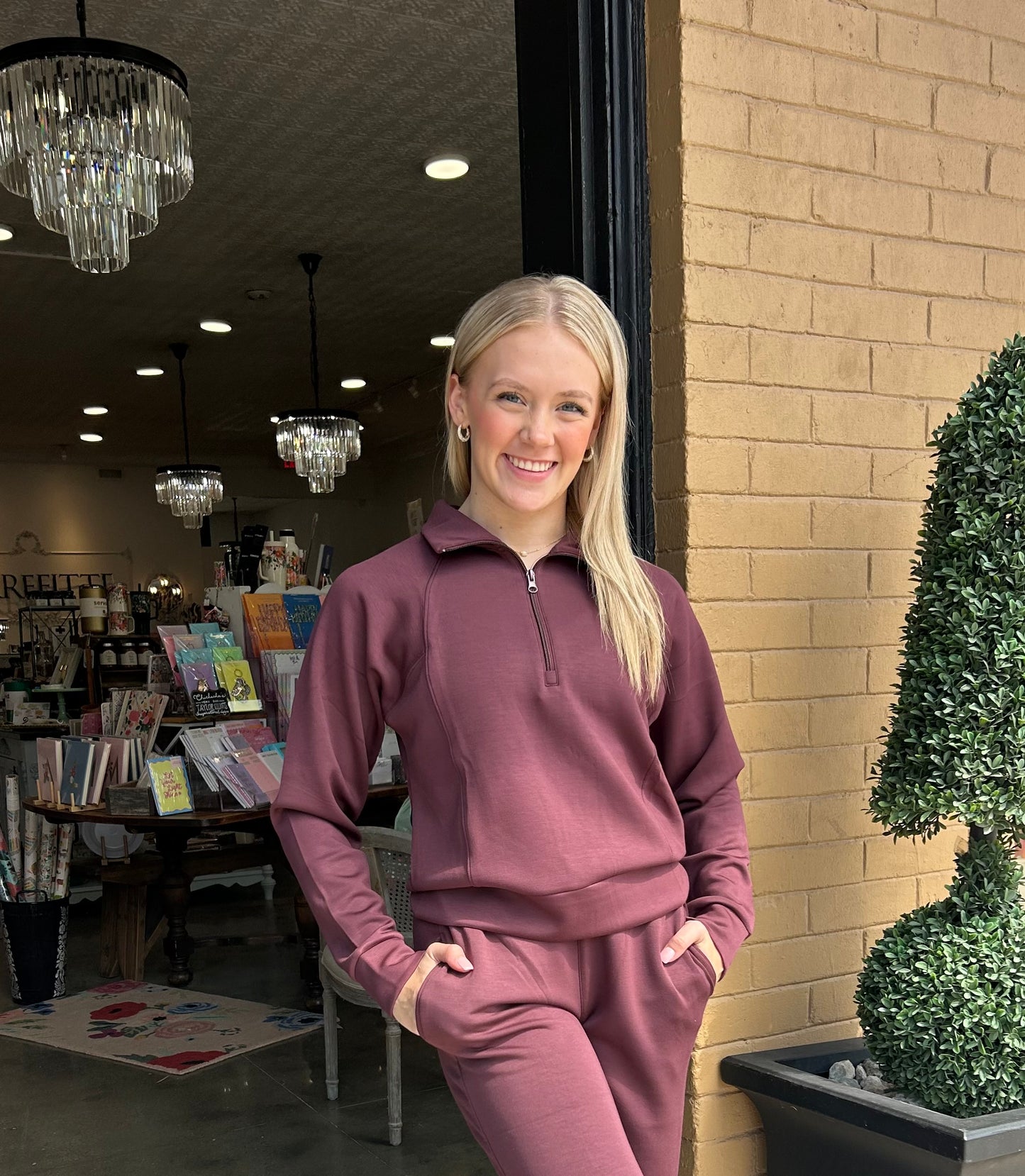 Merlot Truffle Cloud Fleece Collard Quarter Zip Top