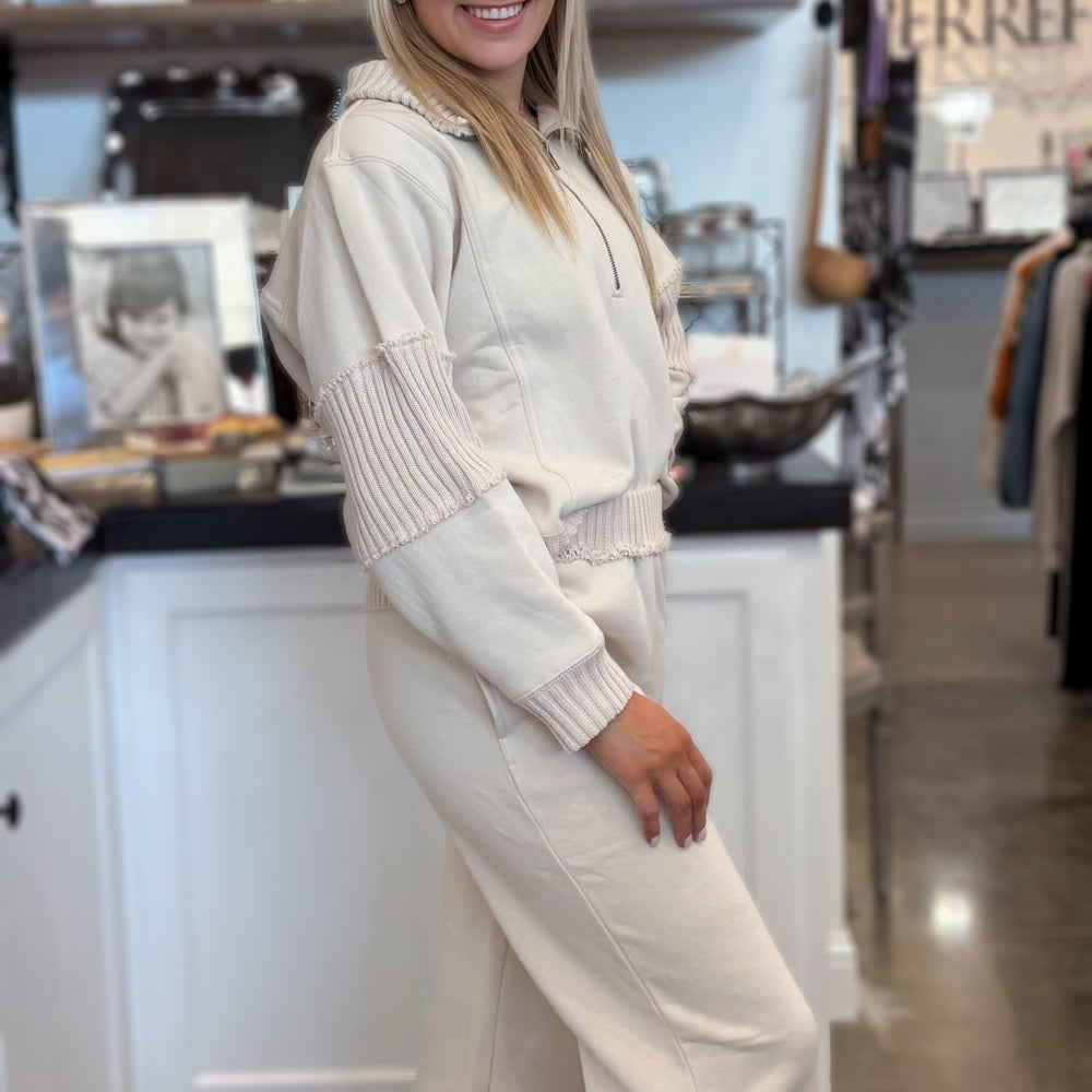 Bone Fleece Ribbed Detail Pant