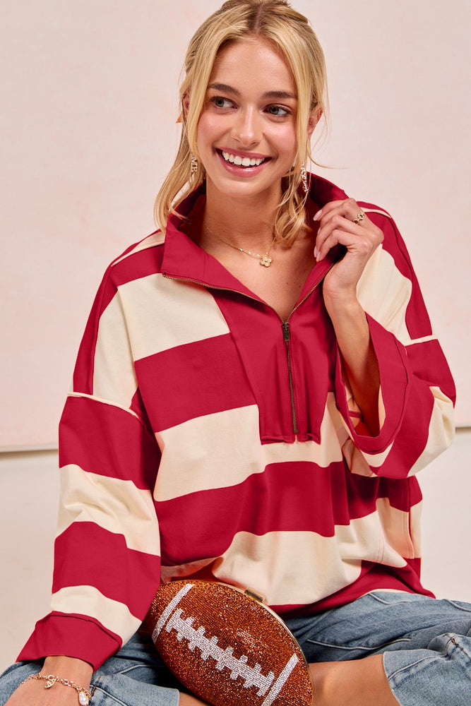 
                      
                        Get Your Game On Crimson Striped Top
                      
                    