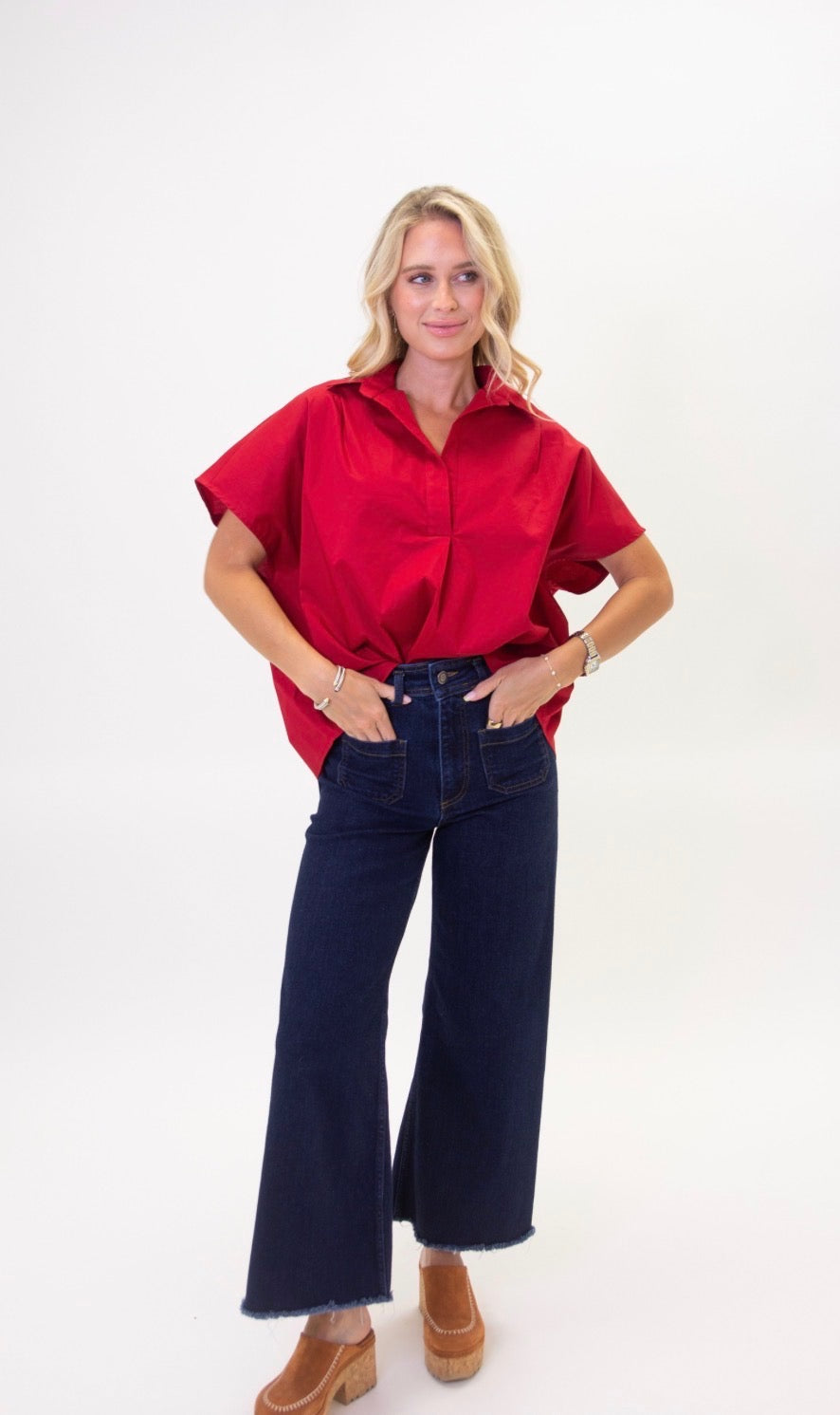 Karlie Solid Poplin V-neck Collar Top