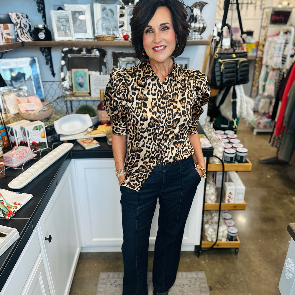 Leopard Satin Puff Sleeve Top