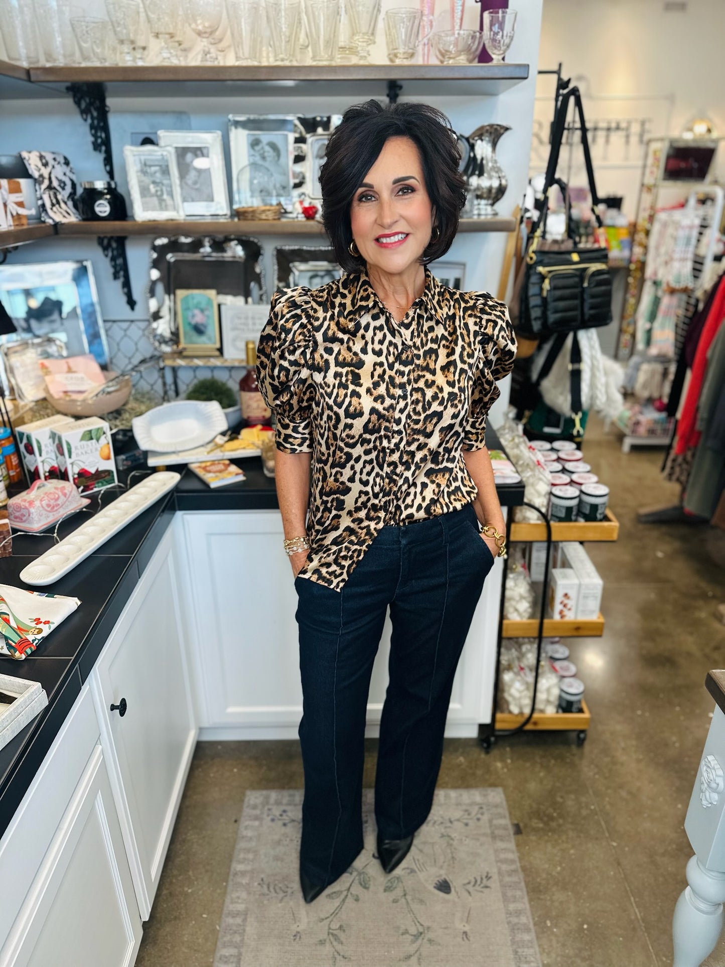 Leopard Satin Puff Sleeve Top