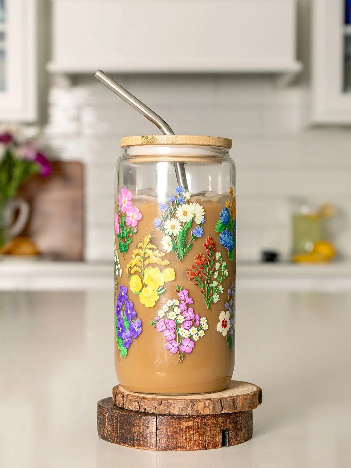 Vintage Blooms Glass Tumbler With Straw