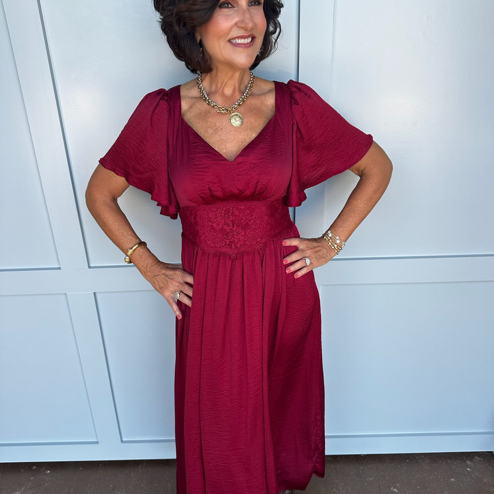 
                      
                        Cranberry Satin Lace Maxi Dress
                      
                    