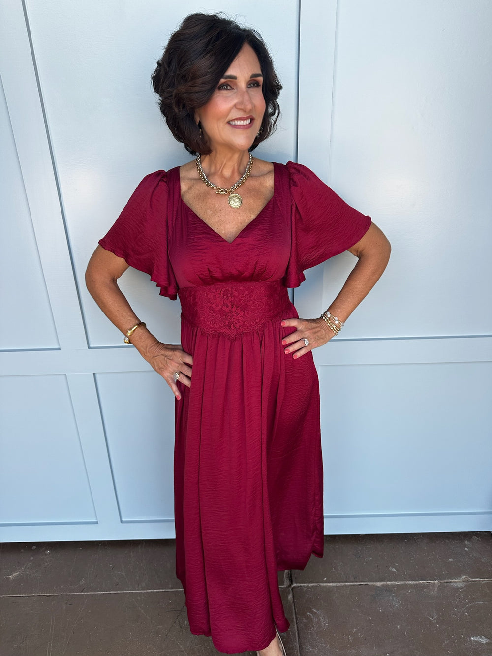 Cranberry Satin Lace Maxi Dress
