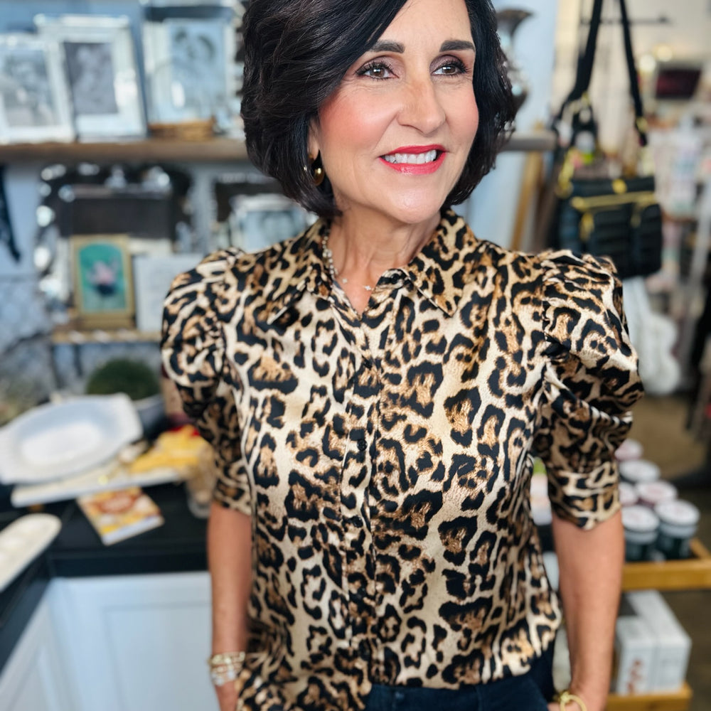 Leopard Satin Puff Sleeve Top