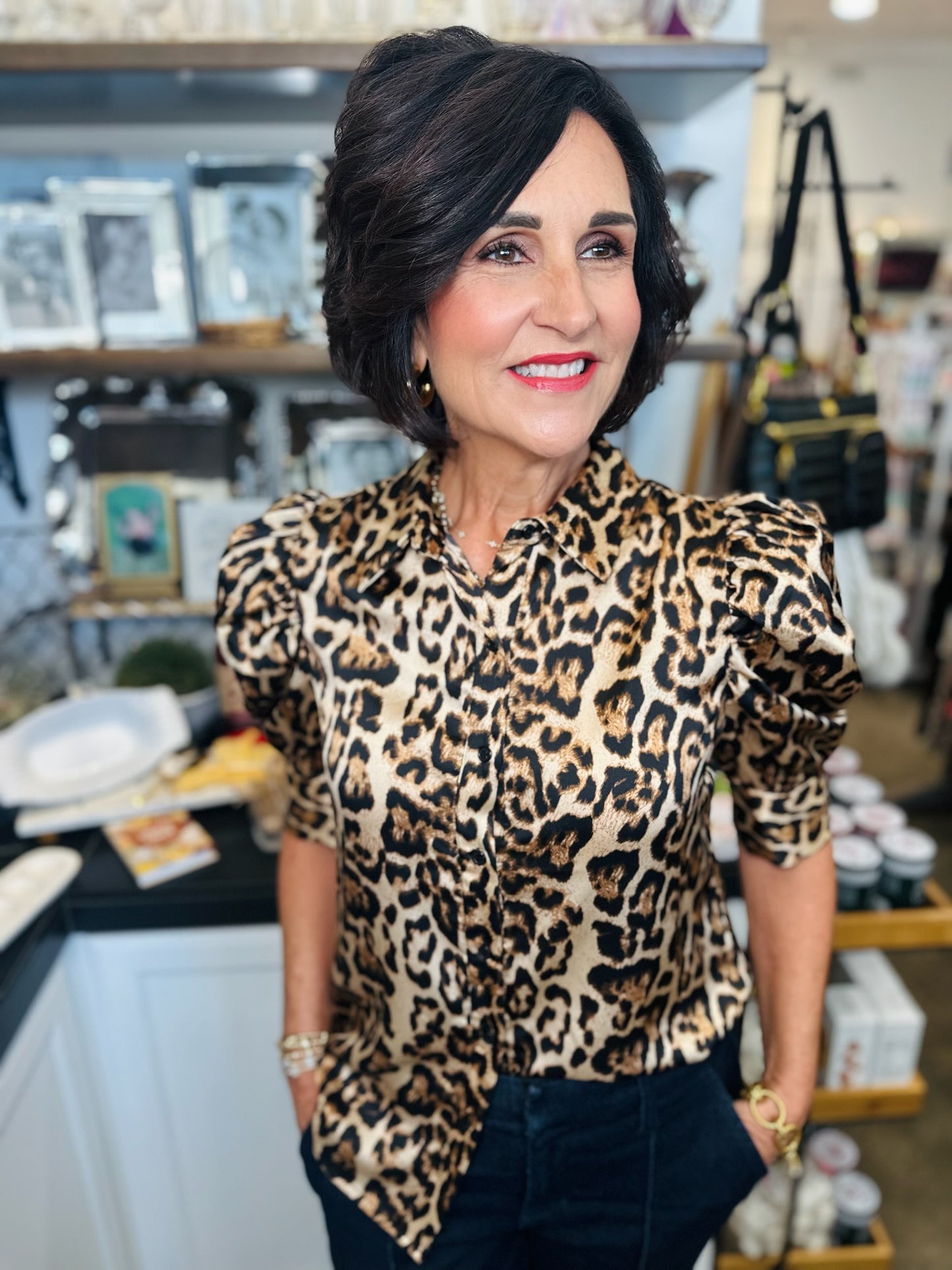Leopard Satin Puff Sleeve Top