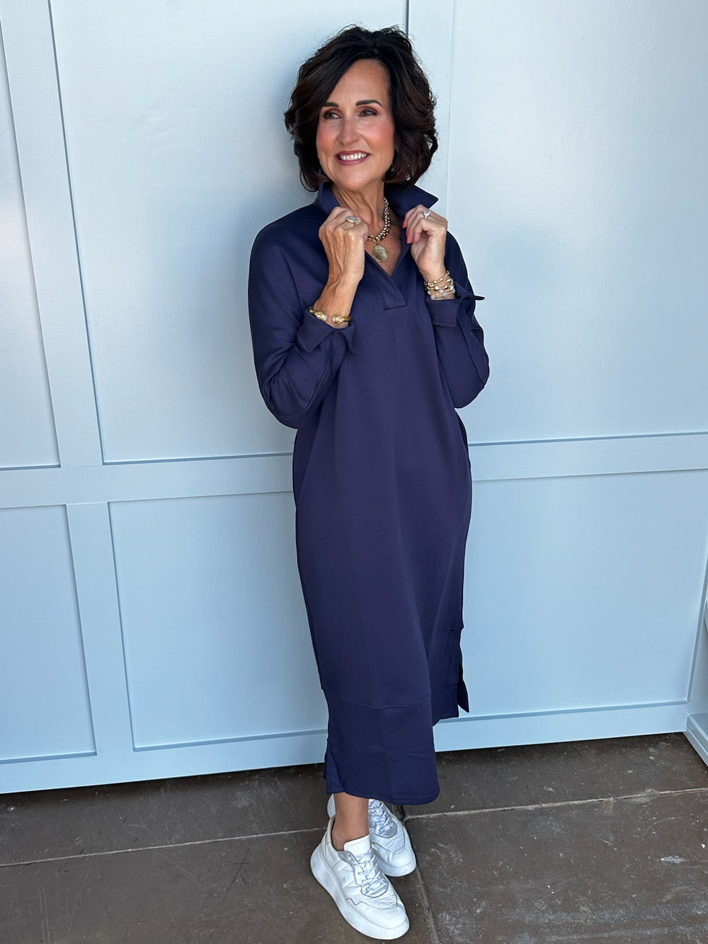 Navy Modal Collared Midi Dress
