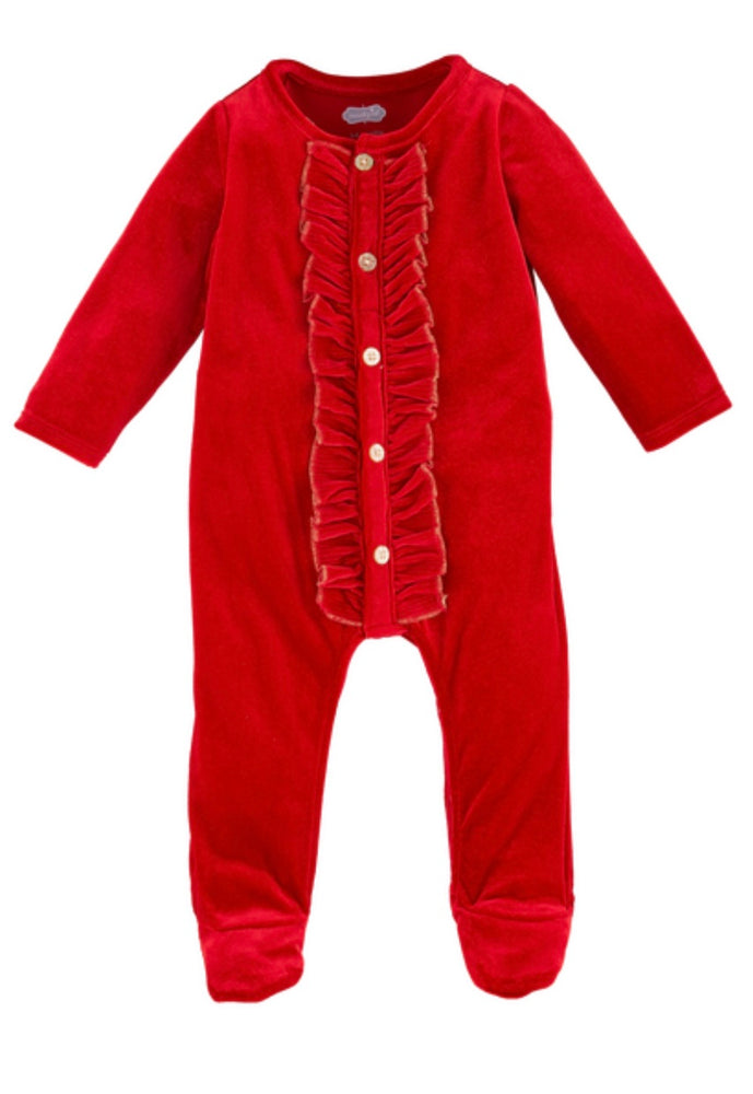 Red Velour Ruffle Sleeper 3-6