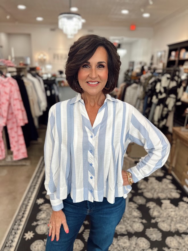 
                      
                        Perfectly Pleated Blue Striped Blouse
                      
                    