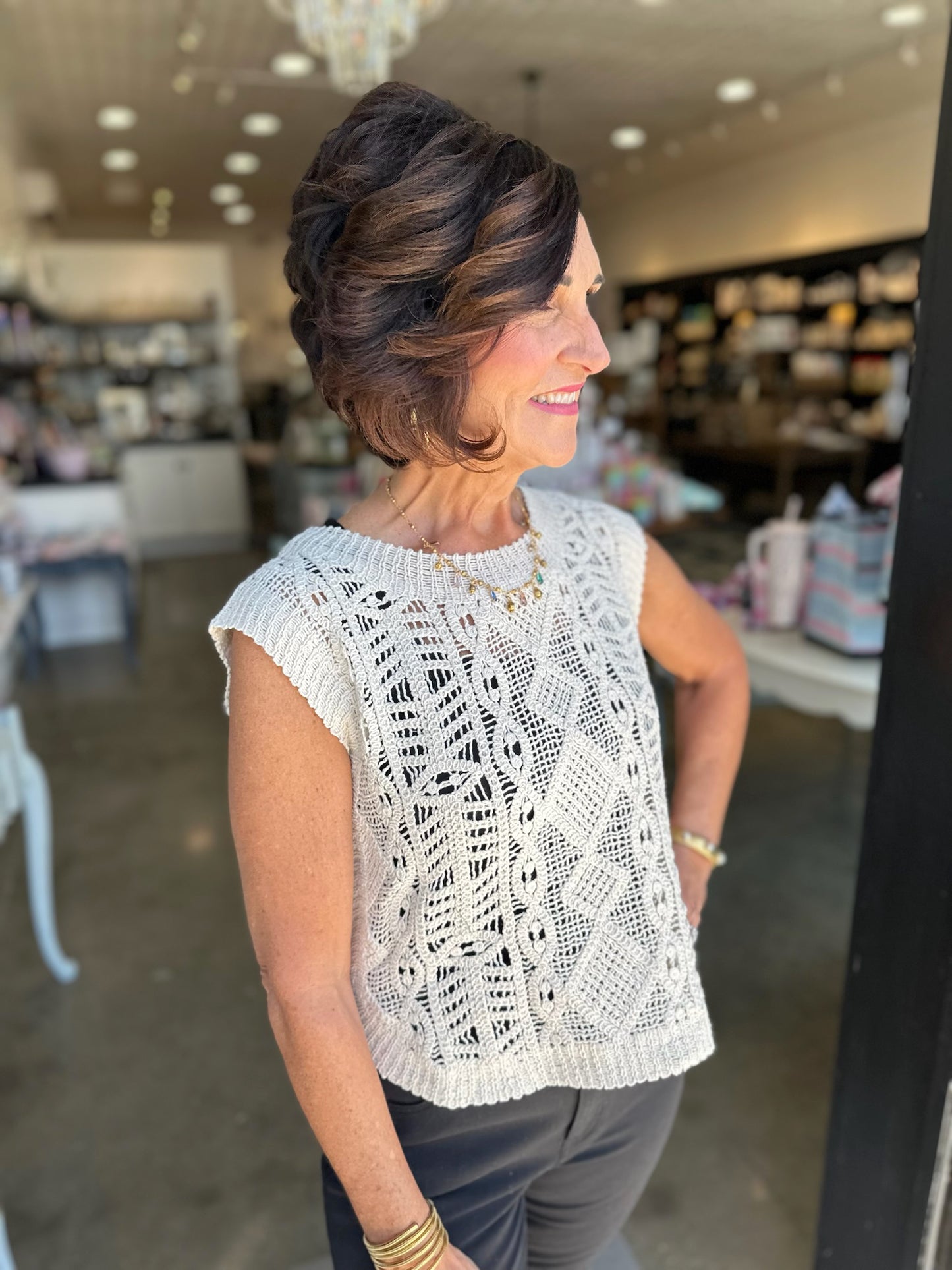 Sand Baroque Crochet Sweater Top