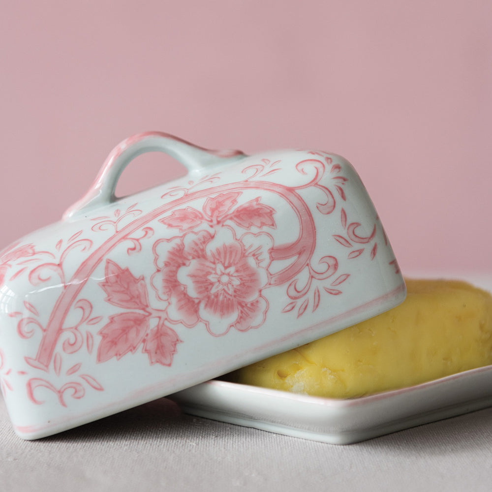 Pink Floral Stoneware Butter Dish