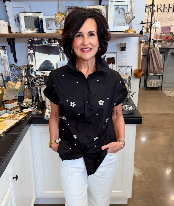 KARLIE Black Poplin Jeweled Top