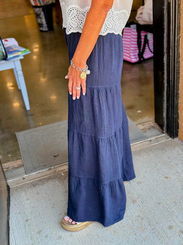 Navy Linen Tiered Palazzo Pant