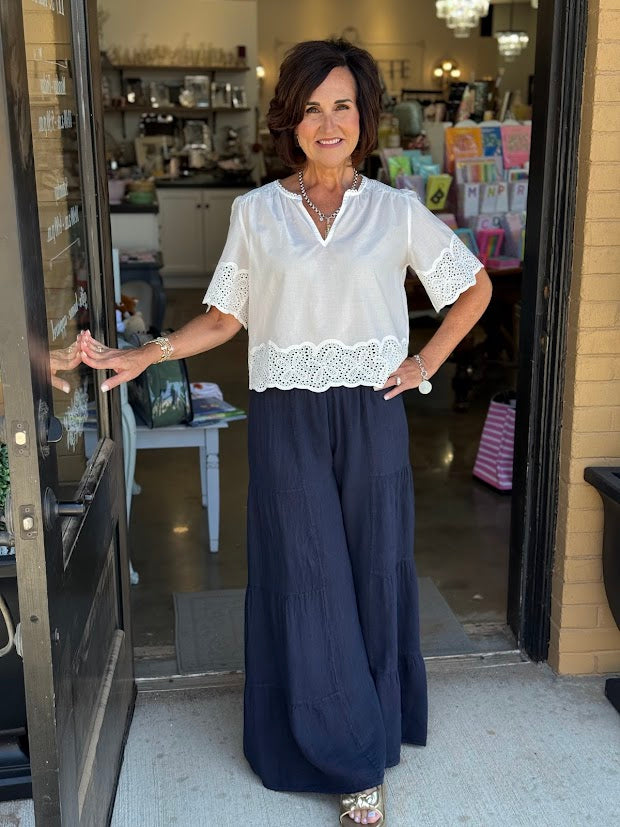 Navy Linen Tiered Palazzo Pant