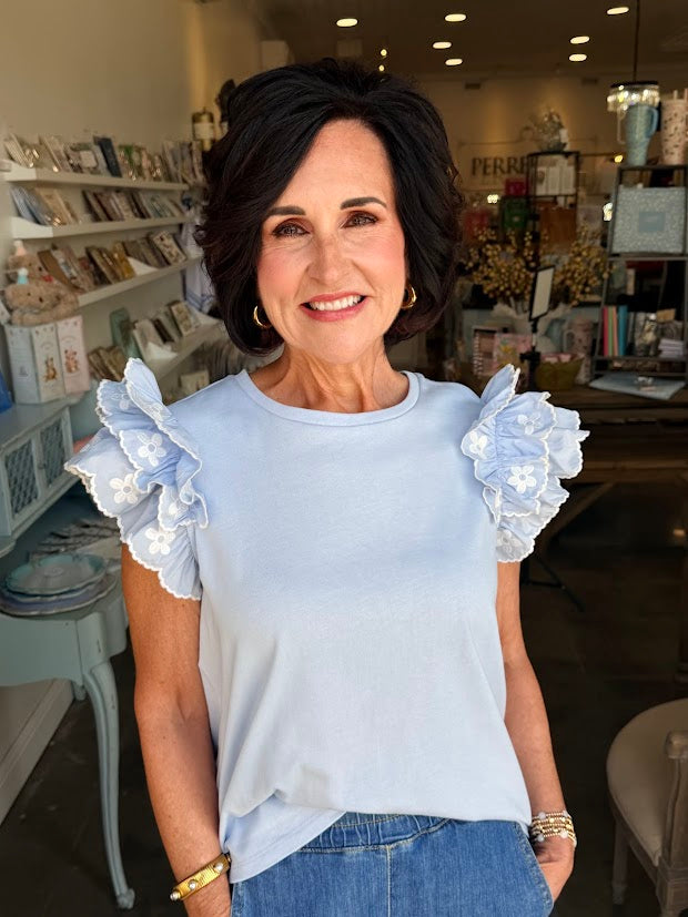 Baby Blue Flower Embroidered Ruffle Top