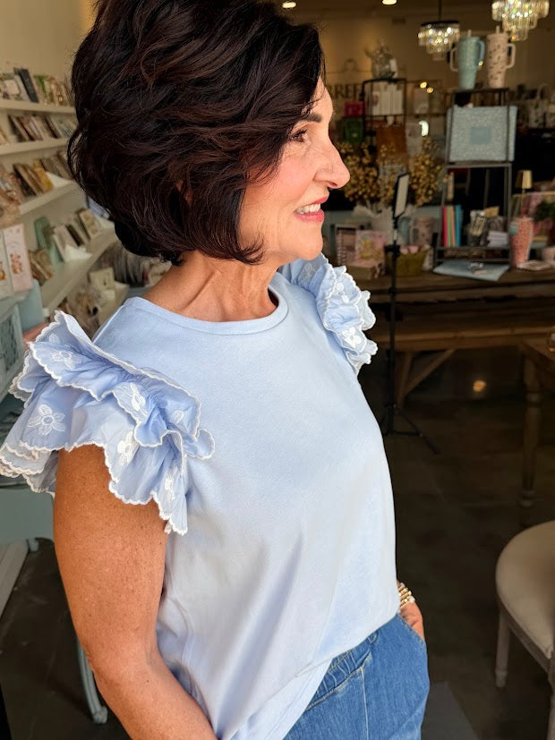 Baby Blue Flower Embroidered Ruffle Top