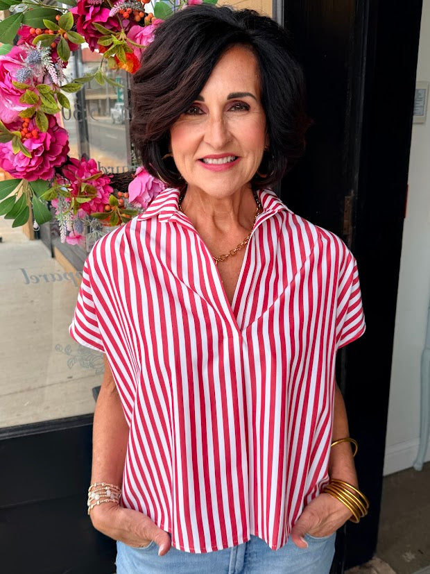 KARLIE Stripe Poplin V-neck Top