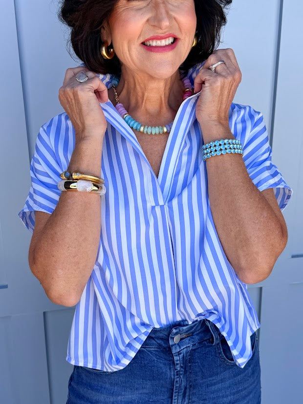 Karlie Blue Stripe V-neck Top