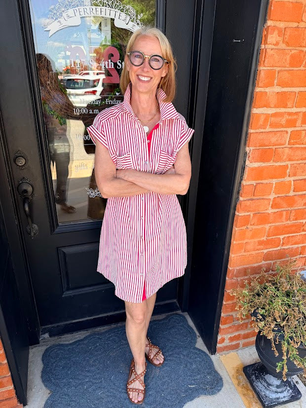 striped red shirt dress Striped Popcorn Print Mini Shirt Dress Red