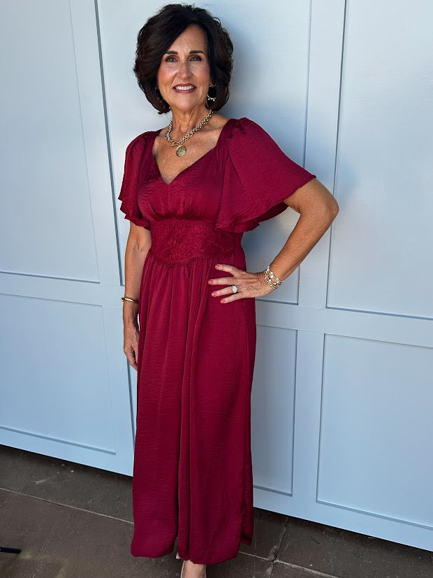 
                      
                        Cranberry Satin Lace Maxi Dress
                      
                    