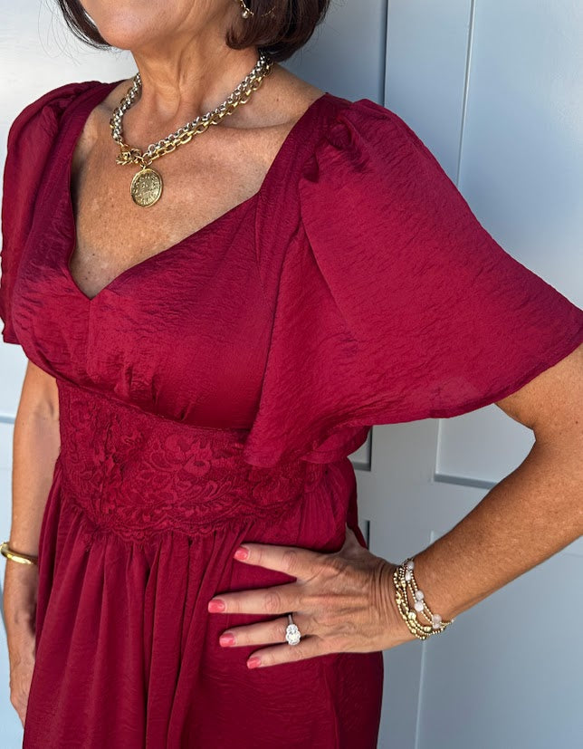 
                      
                        Cranberry Satin Lace Maxi Dress
                      
                    