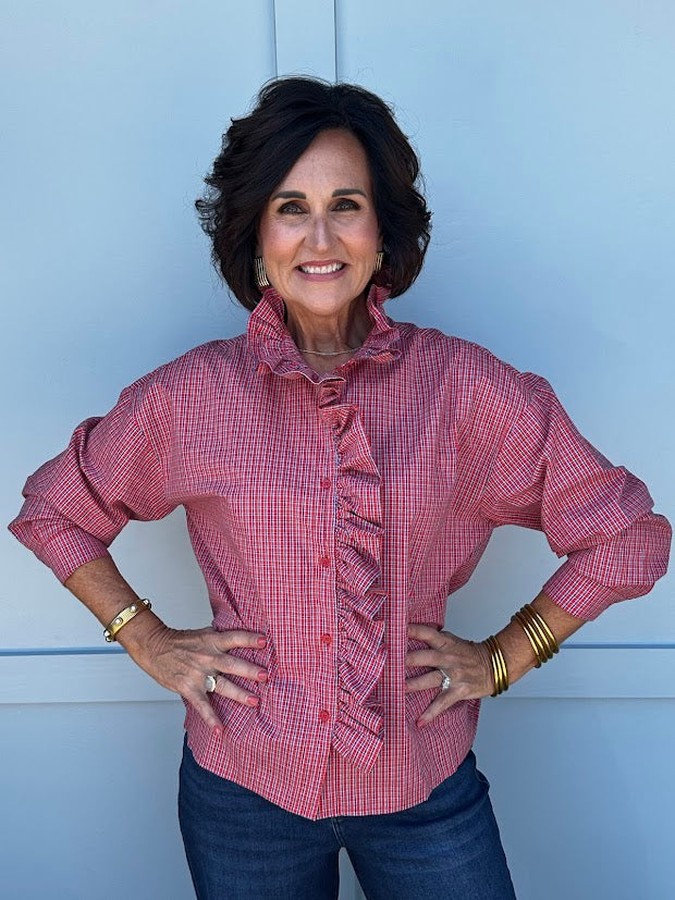 Perfectly Plaid Ruffle Collar Long Sleeve Top