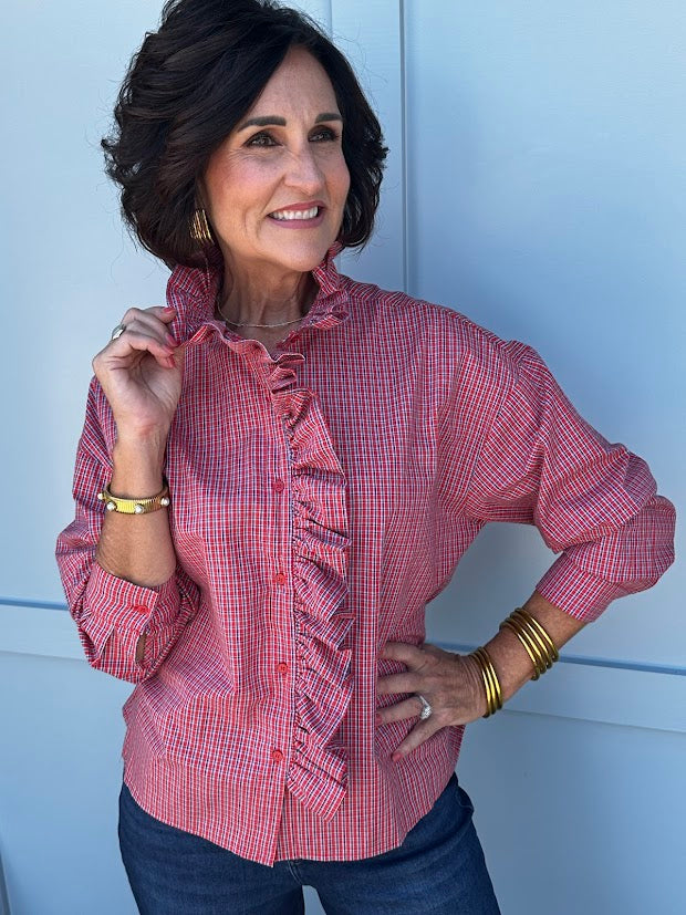Perfectly Plaid Ruffle Collar Long Sleeve Top