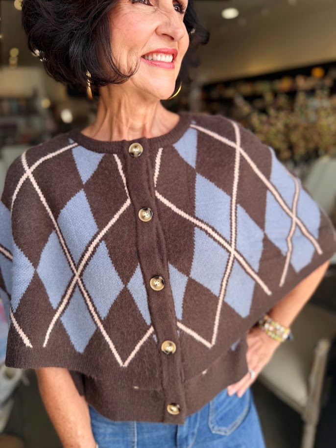 Argyle Button Down Cape Cardigan
