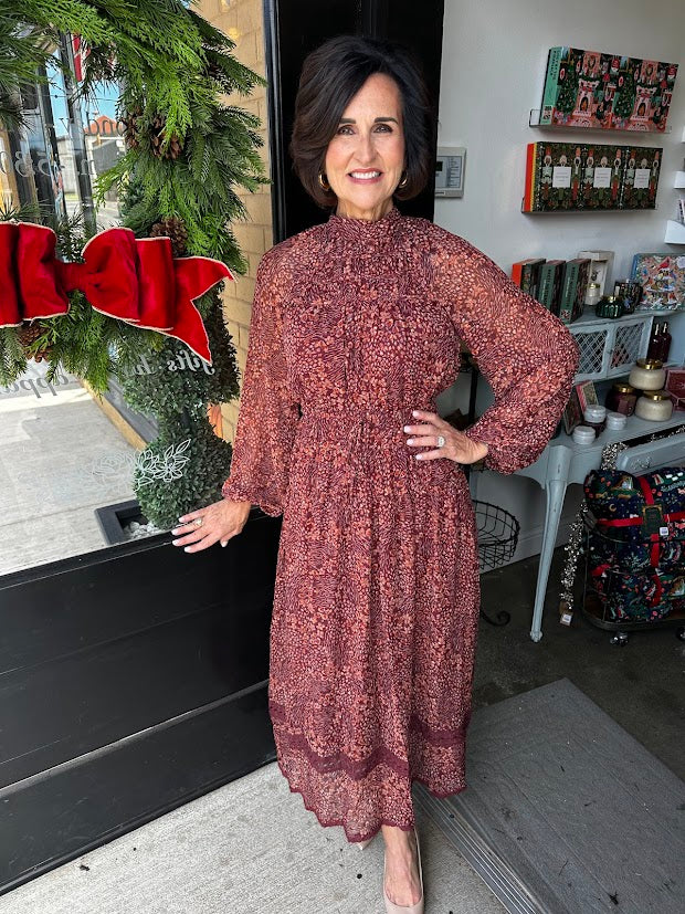 Burgundy Fall Chiffon Maxi Dress