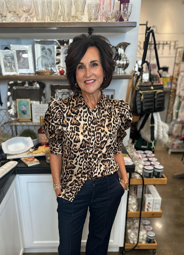 Leopard Satin Puff Sleeve Top