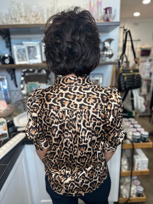 Leopard Satin Puff Sleeve Top