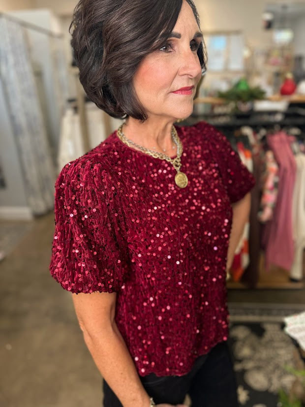 Burgundy Velvet Sequin Top