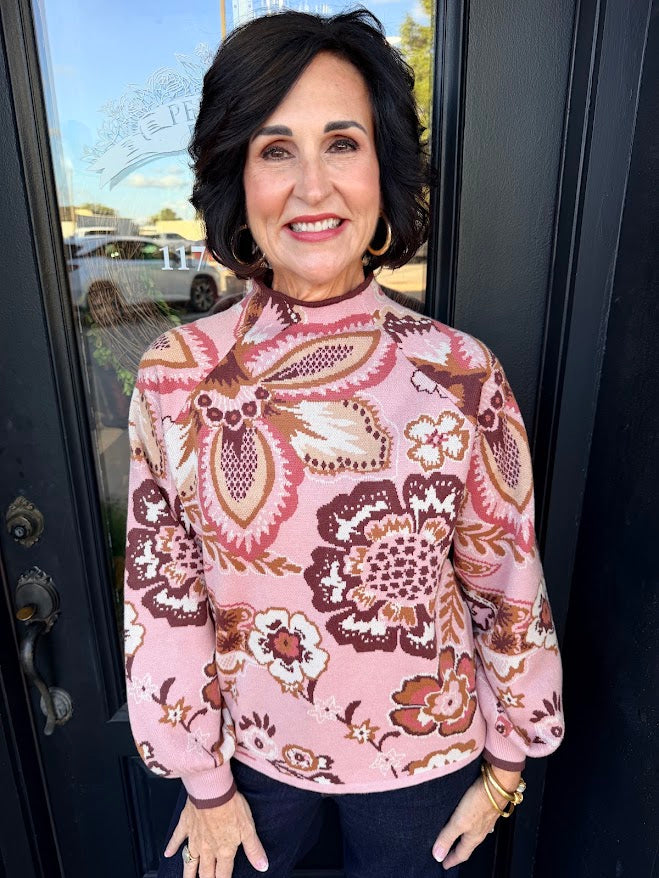 Floral & Paisley Pattern Funnel Neckline Sweater