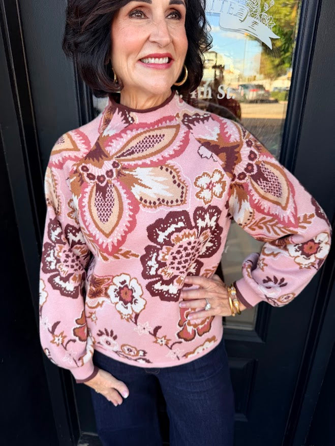 Floral & Paisley Pattern Funnel Neckline Sweater