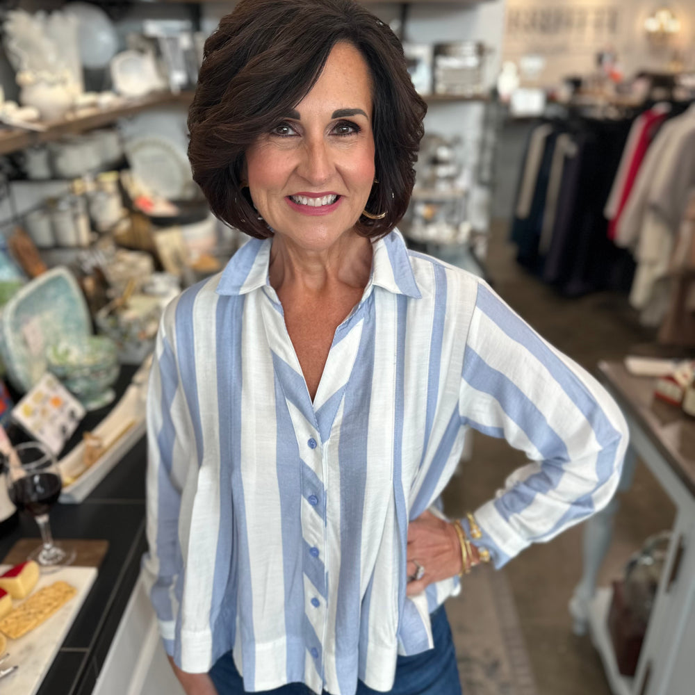 Perfectly Pleated Blue Striped Blouse