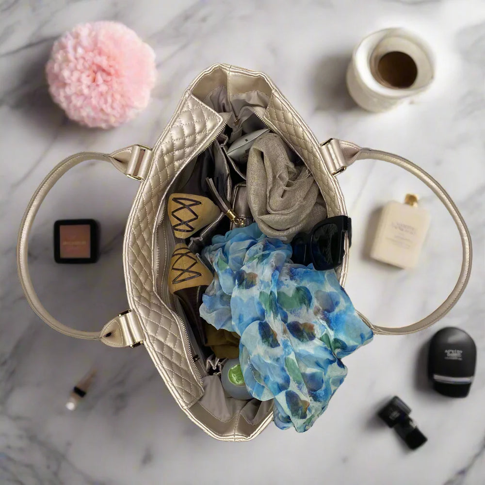 Pearl and Gold Quilted Getaway Tote